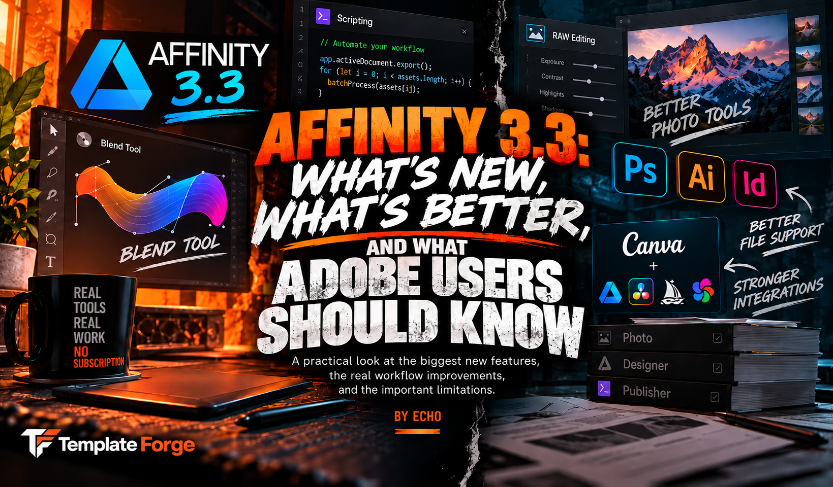 Affinity 3.3 creative workstation showing the Blend Tool, scripting, RAW editing, Adobe compatibility, and professional workflow improvements.