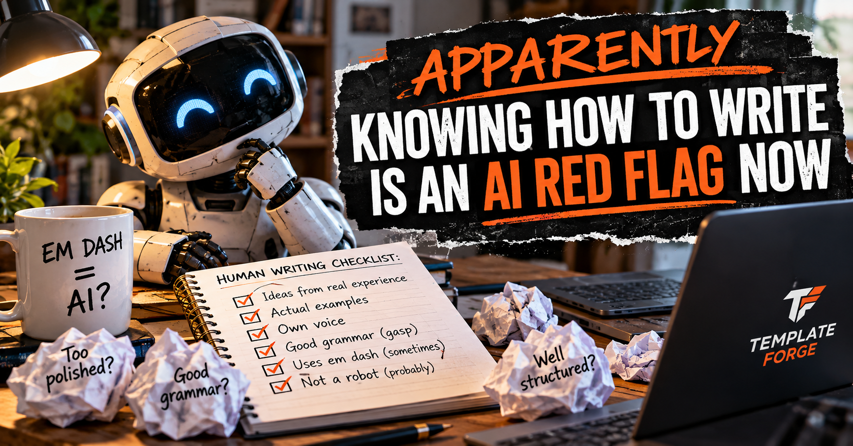 A robot at a writing desk reviewing a human writing checklist beside the headline Apparently Knowing How to Write Is an AI Red Flag Now.