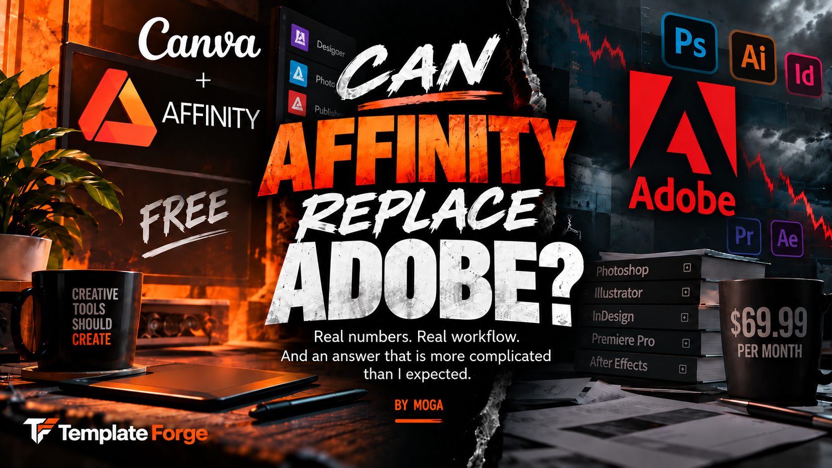 A split creative workspace comparing Canva Affinity with Adobe Creative Cloud while asking whether Affinity can replace Adobe.