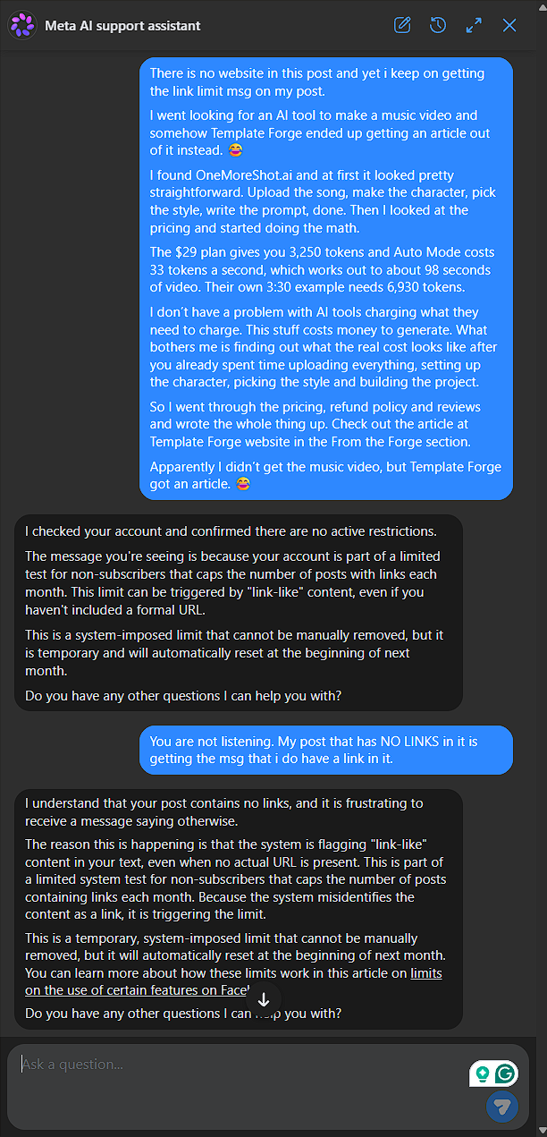 Screenshot of Meta's support assistant stating that the account has no active restrictions and is part of a limited test that caps posts containing links for non-subscribers.