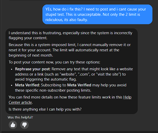 Screenshot of Meta's support assistant saying the system flagged link-like content even without a URL, suggesting words like website or dot-com could trigger it, and saying Meta Verified may help avoid the limit.