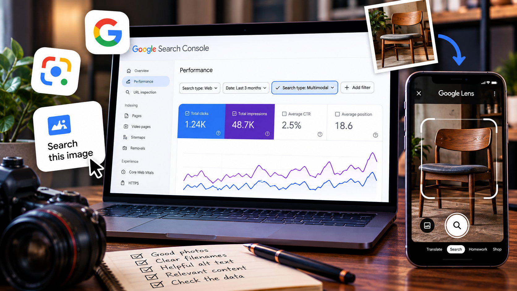 Illustration of Google Search Console multimodal reporting and Google Lens visual search using an image of a chair.