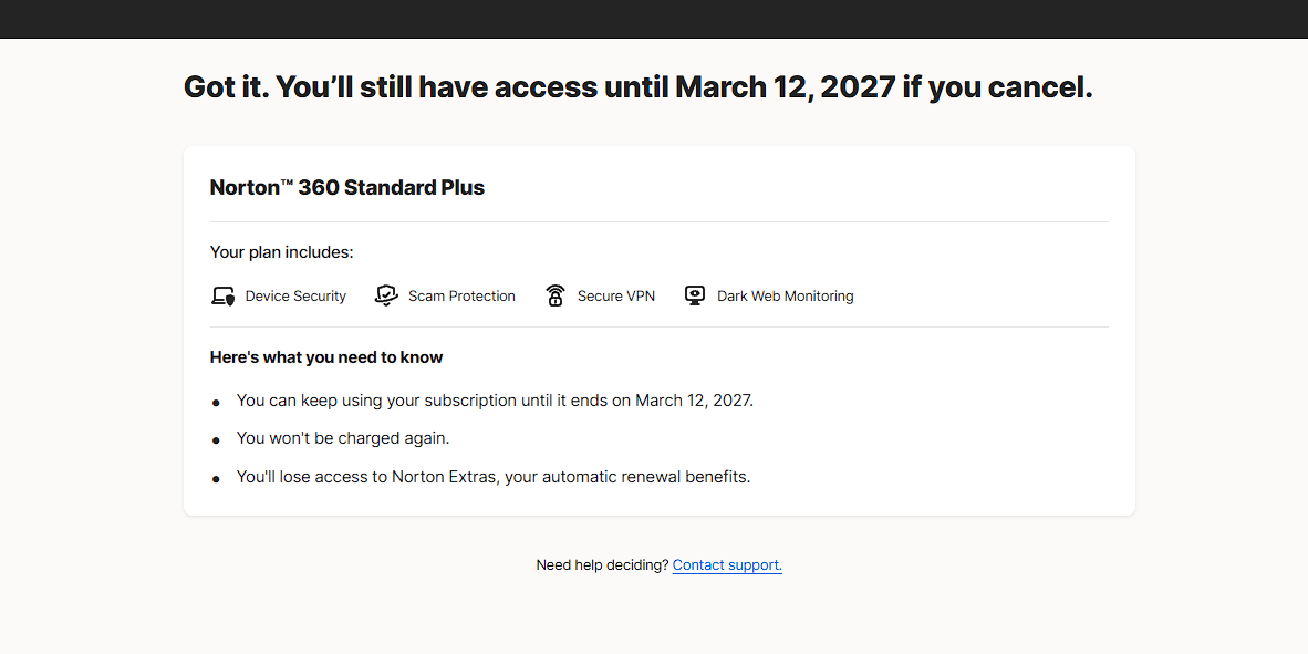 Norton subscription page showing the paid subscription extending into March 2027.