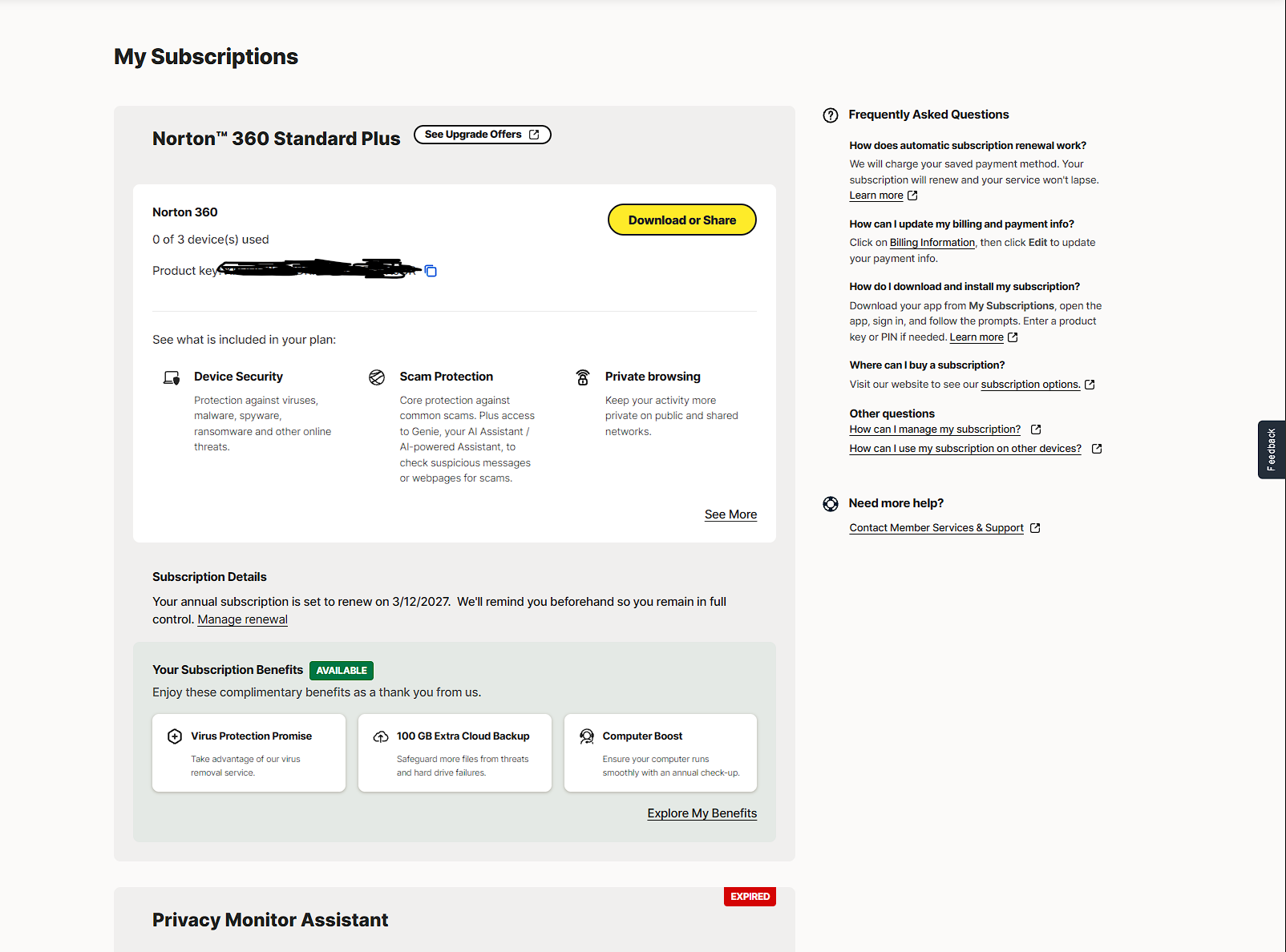 Norton account page with the Manage renewal link.
