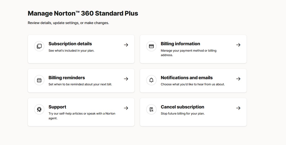Norton subscription management page showing the Cancel subscription option.