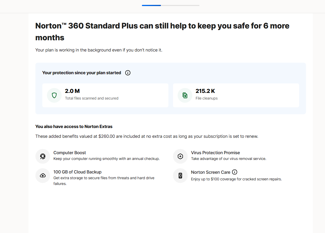 Norton cancellation page reminding the customer that protection could continue for six more months.