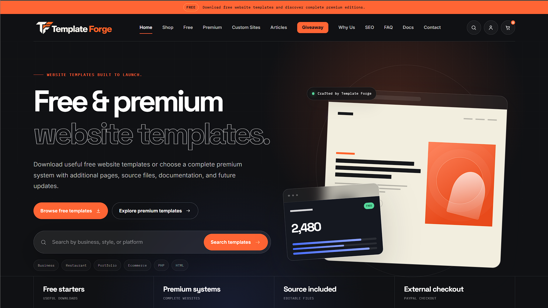 Current Template Forge homepage with a dark background, orange accents, large typography, and product mockups.