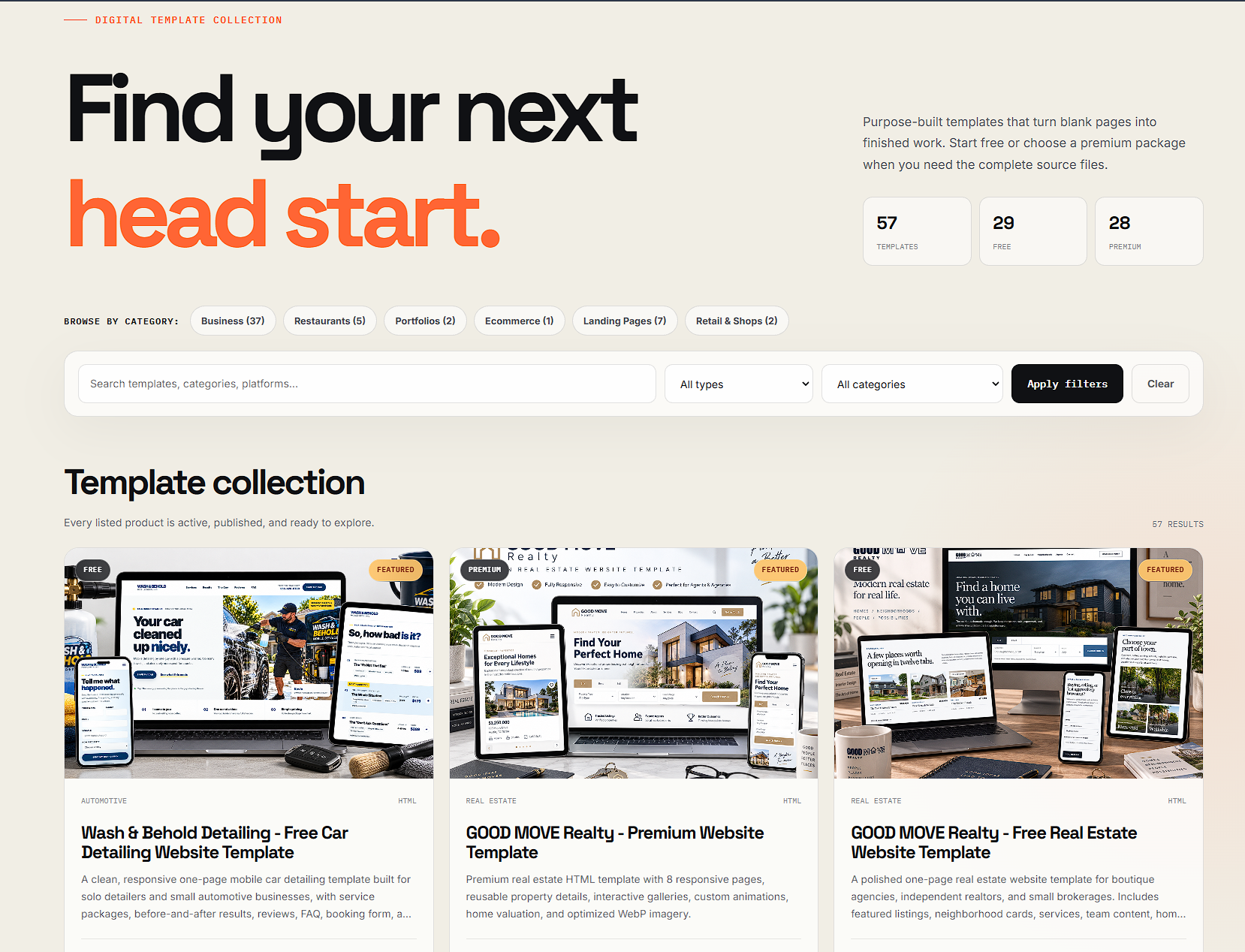 A lighter Template Forge template collection design using warm white, black typography, orange accents, and large product imagery.