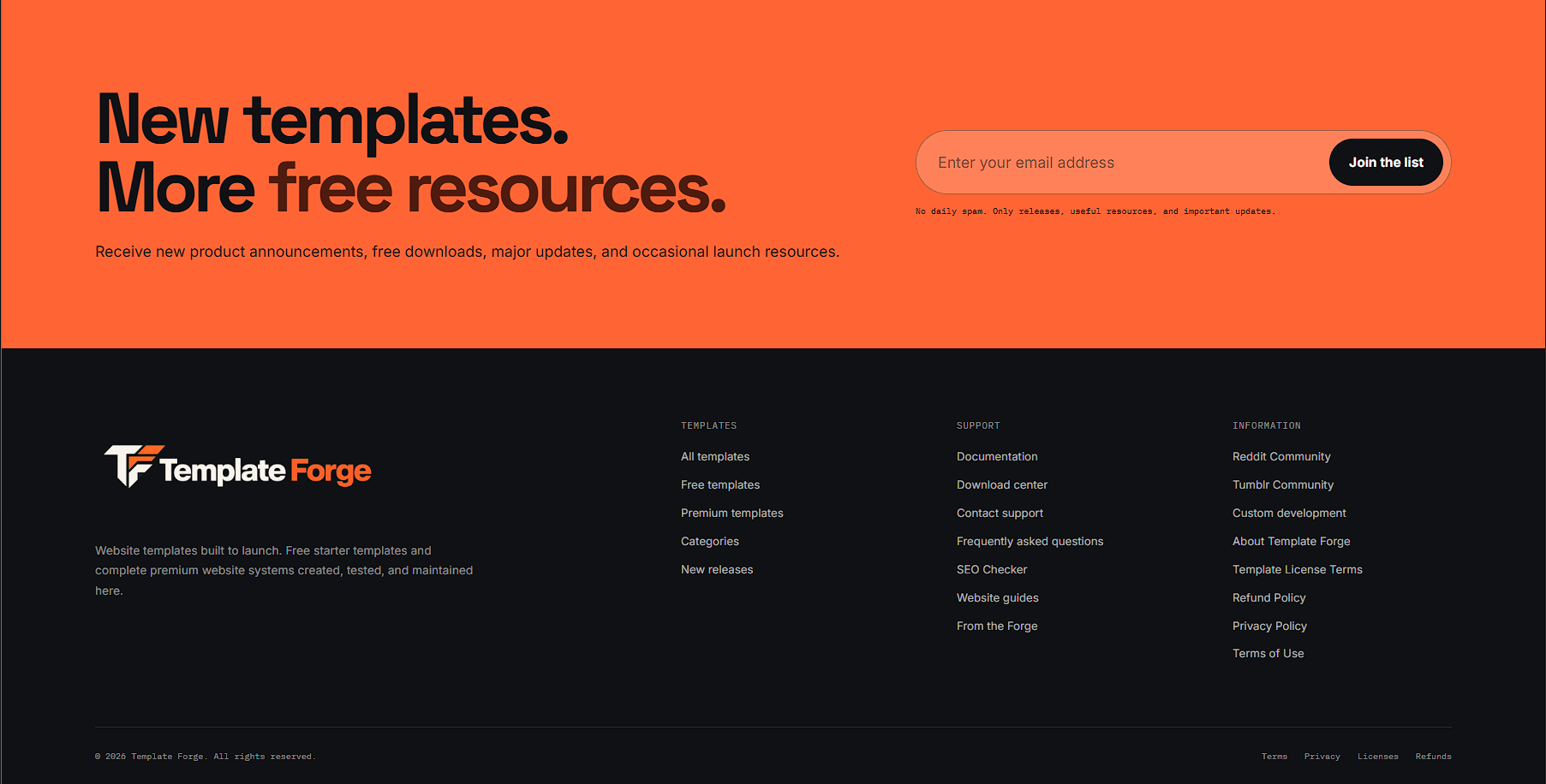 Template Forge bright orange newsletter signup section above a dark footer.