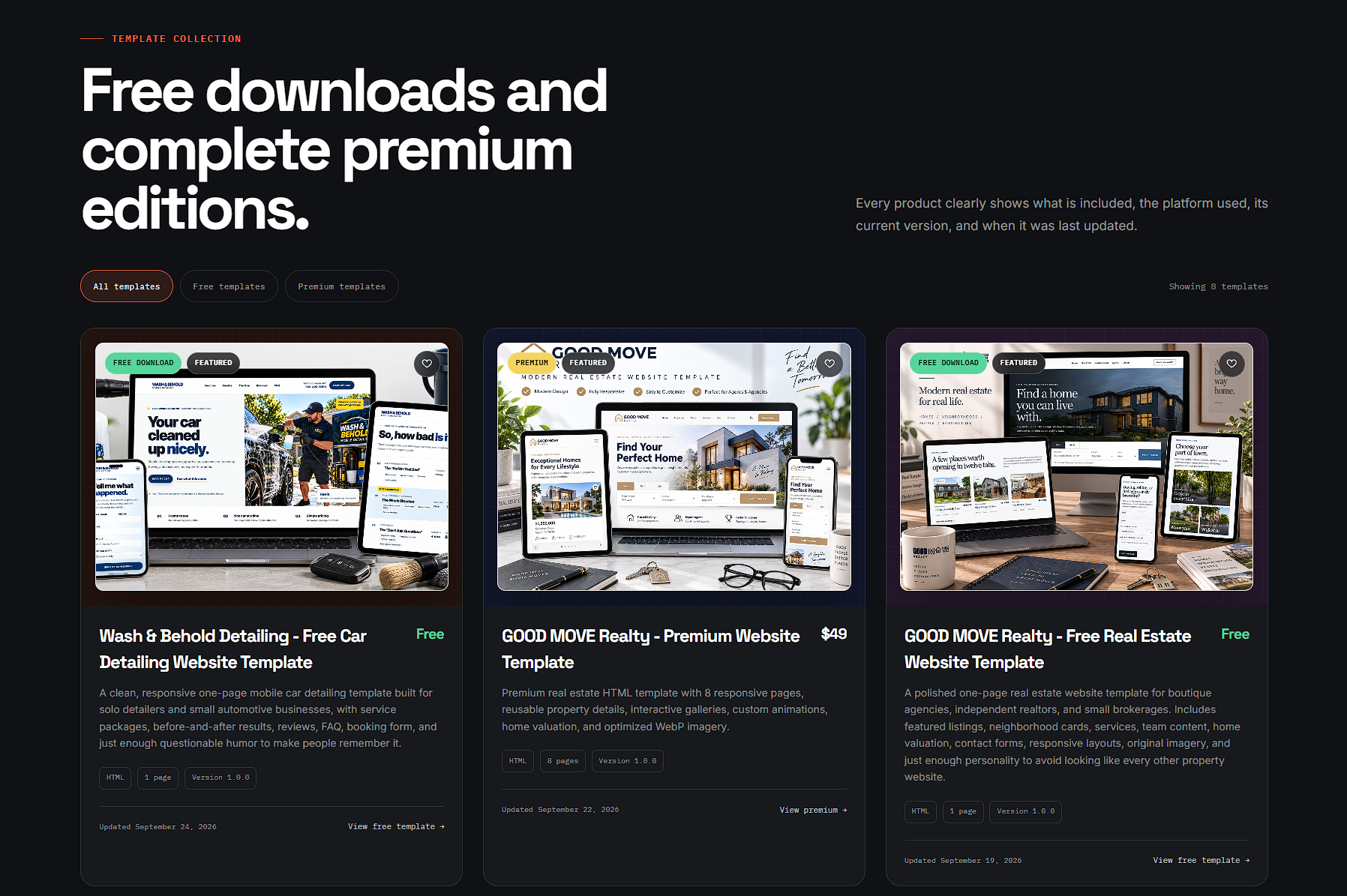 Template Forge dark product grid showing several website template previews.