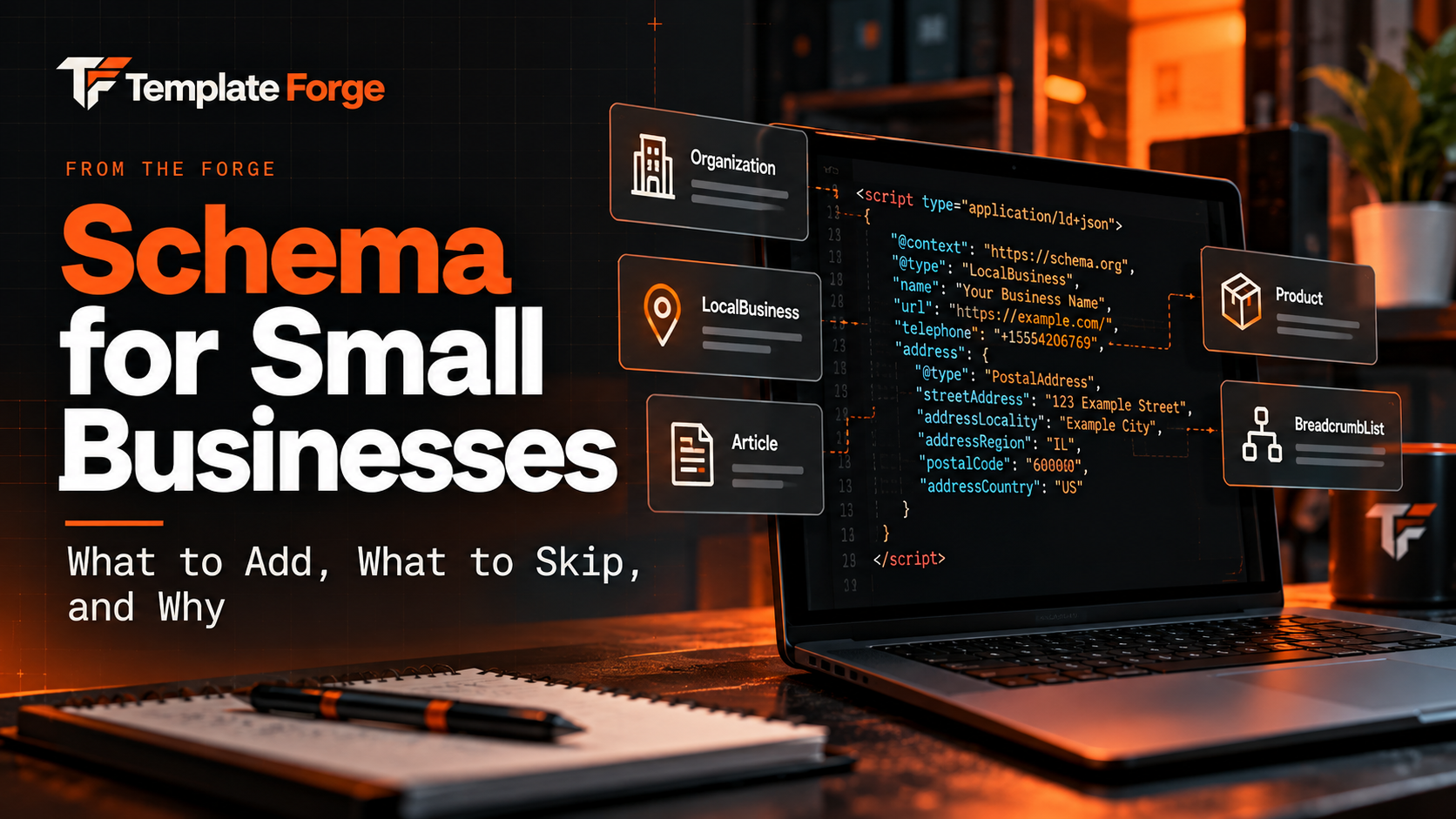 Illustration of structured data and schema types for a small-business website, including Organization, LocalBusiness, Article, Product, and BreadcrumbList markup.