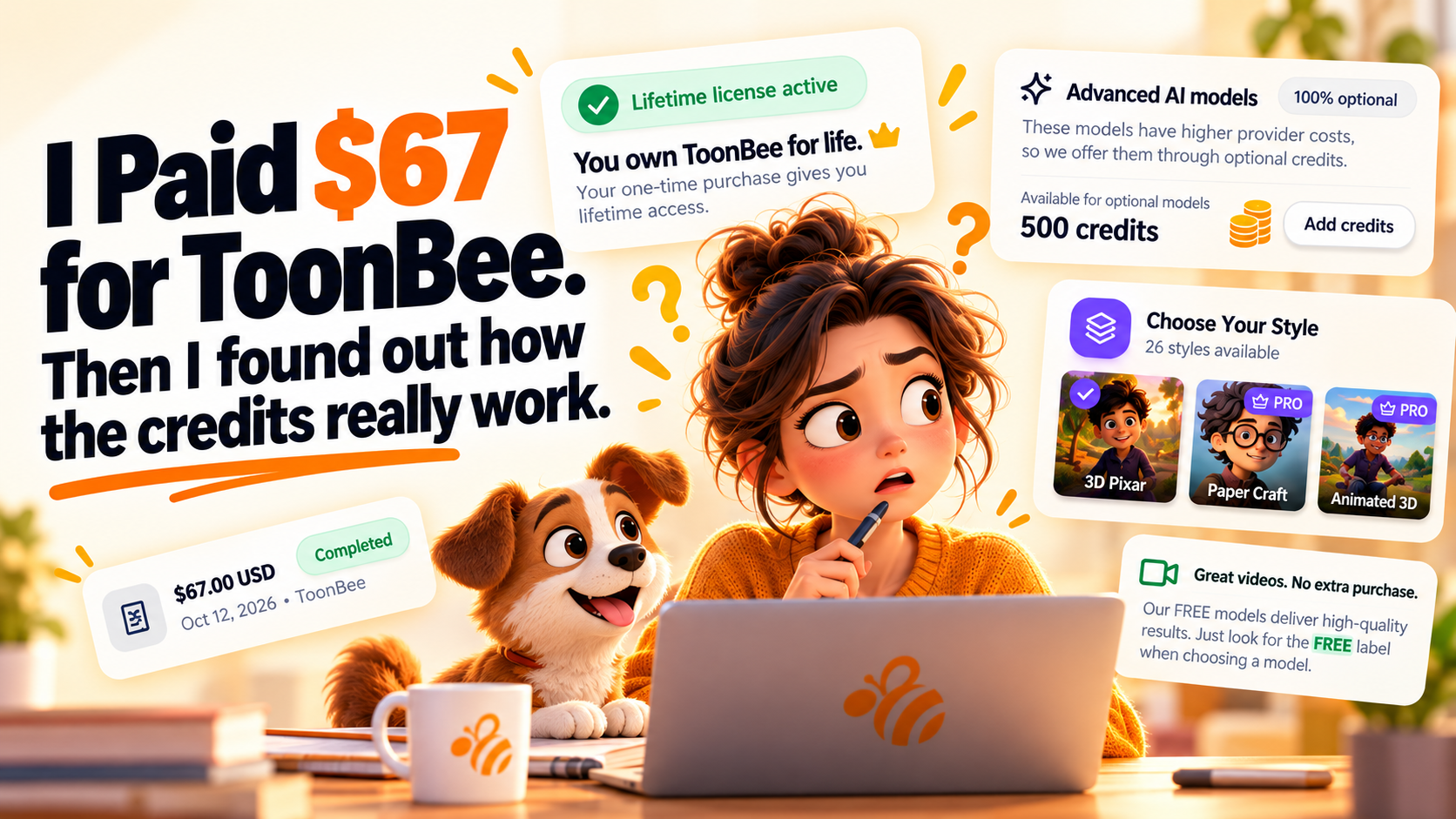 Editorial hero artwork inspired by ToonBee's visual style, showing a creator at a laptop with floating panels about lifetime access, optional advanced AI credits, style choices, and free standard models.