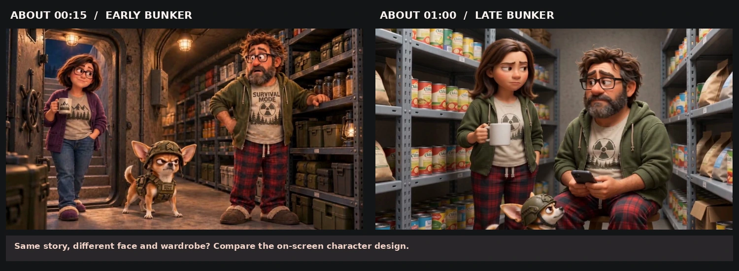 Side-by-side timestamped frames from the final ToonBee export showing changes in character appearance between an earlier bunker scene and the final bunker section