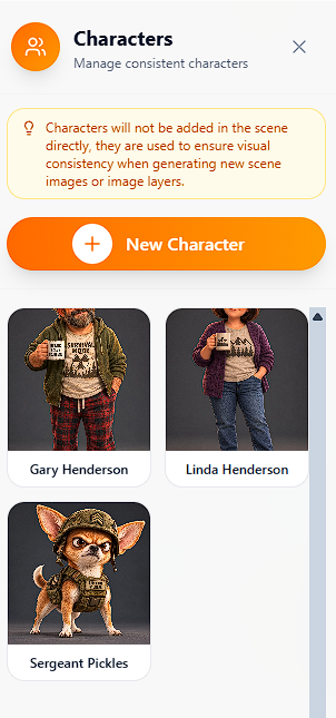 BeeStudio character library showing registered references for Gary Henderson, Linda Henderson, and Sergeant Pickles