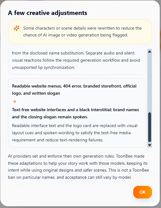ToonBee disclosure replacing readable website text and official branding with text-free interface graphics and a black interstitial