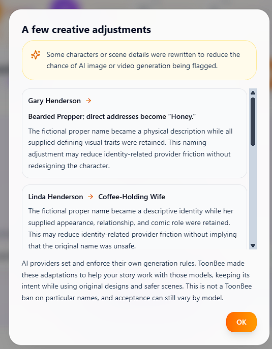 ToonBee creative-adjustments notice replacing the original Gary and Linda character names with generic descriptive labels