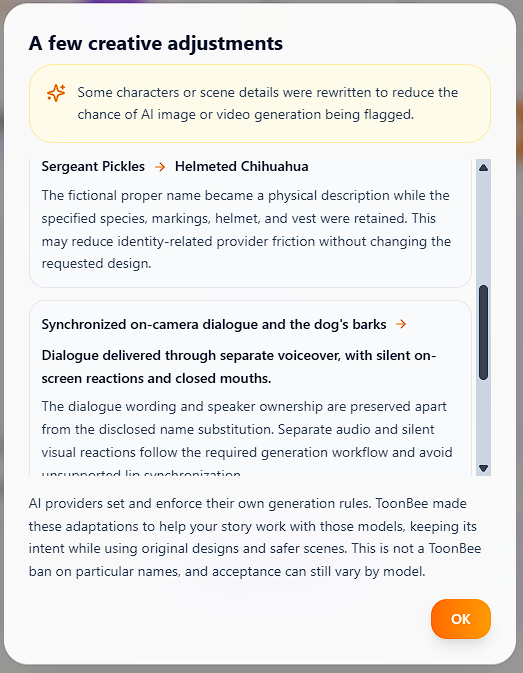 ToonBee automatic change notice converting synchronized on-camera dialogue into voiceover with characters showing silent closed-mouth reactions