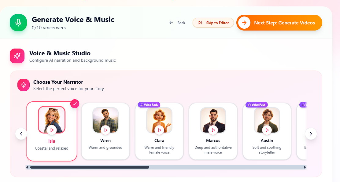 BeeGuide Voice and Music stage showing one project narrator selection and a Generate Voiceovers action