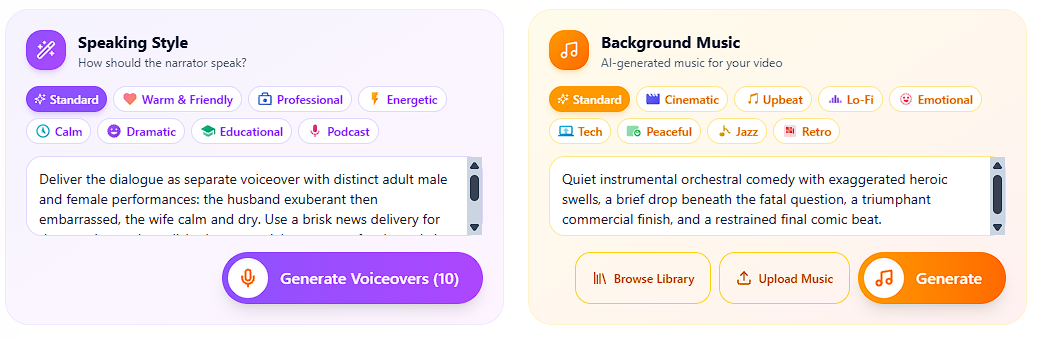 BeeGuide speaking style and background music panels with globally entered performance and music directions