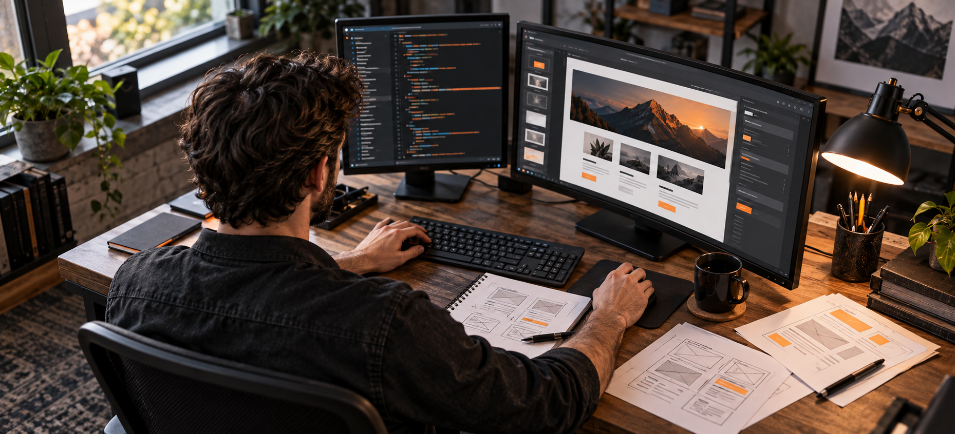 Developer working from a website layout, viewed from behind with every screen and document facing the developer.