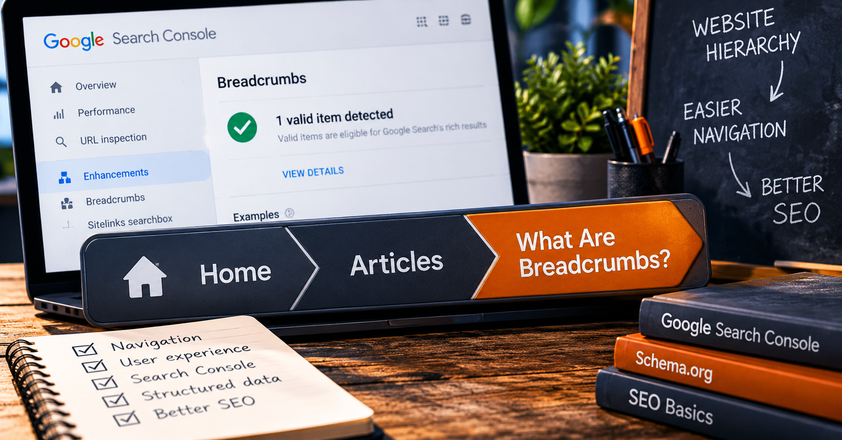 Illustration explaining website breadcrumbs, breadcrumb navigation, and a valid breadcrumb result in Google Search Console.