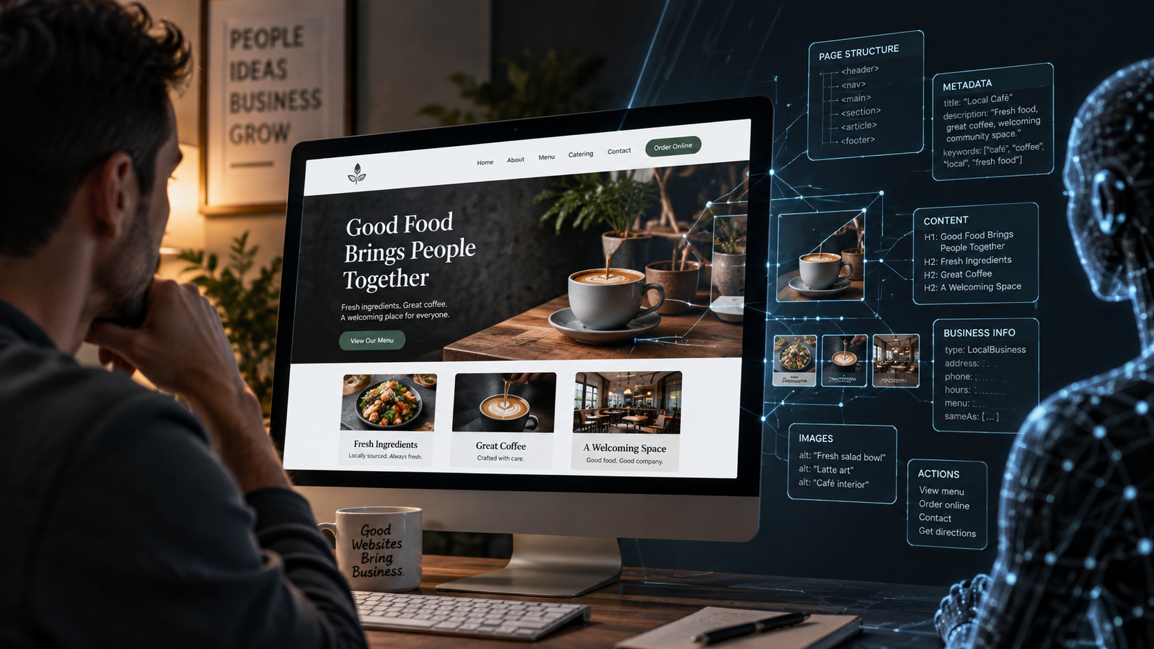 A website shown between a human visitor and an AI agent, representing two different audiences reading the same business website.