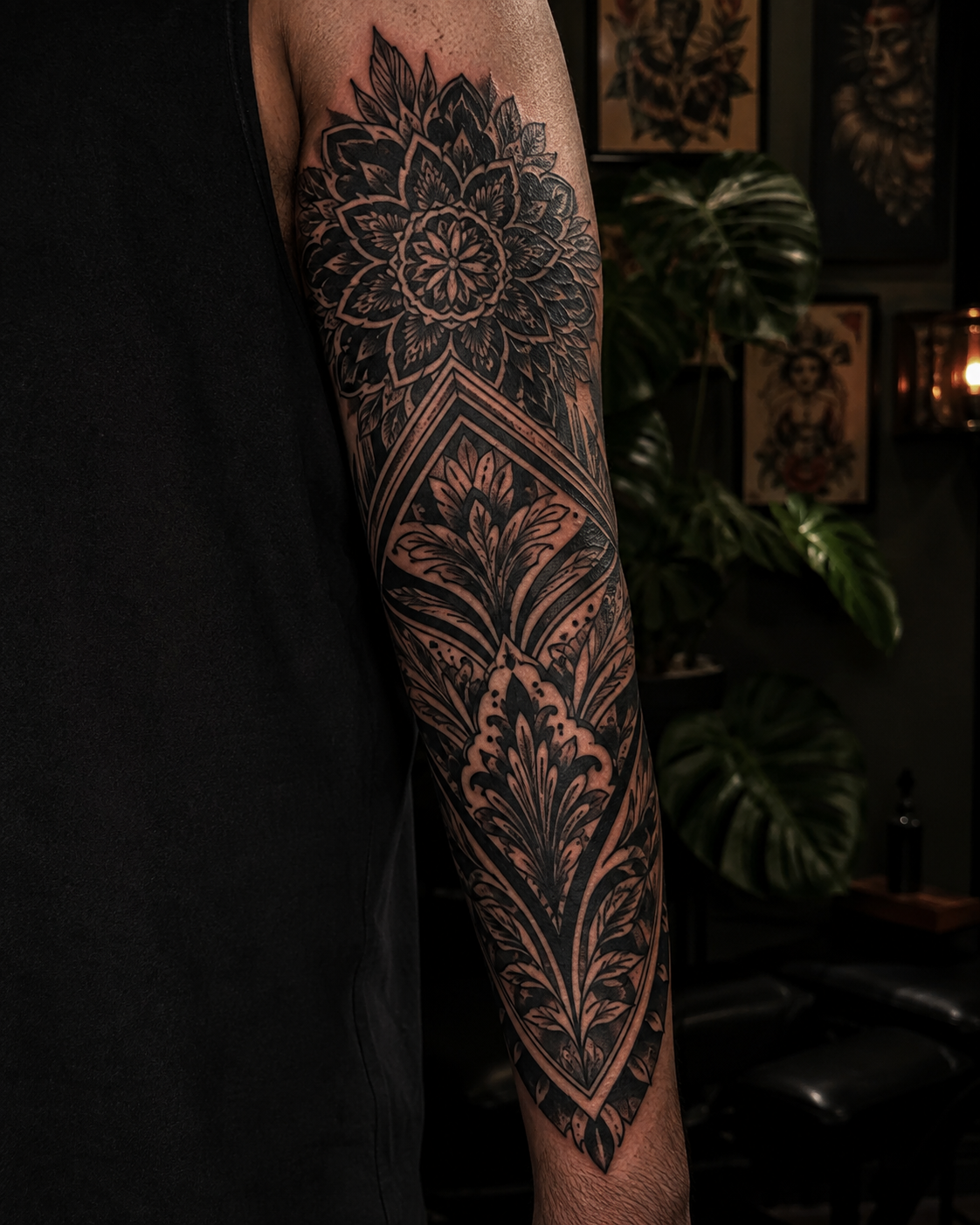 Close-up of original blackwork tattoo artwork on an arm