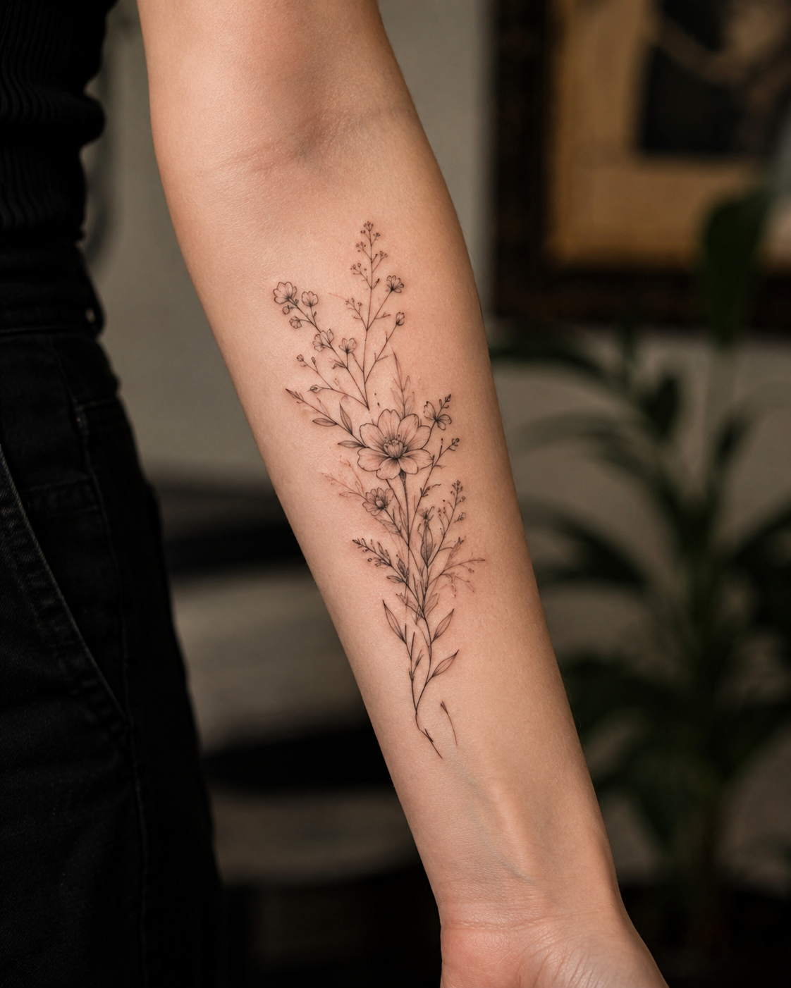 Fine line botanical tattoo