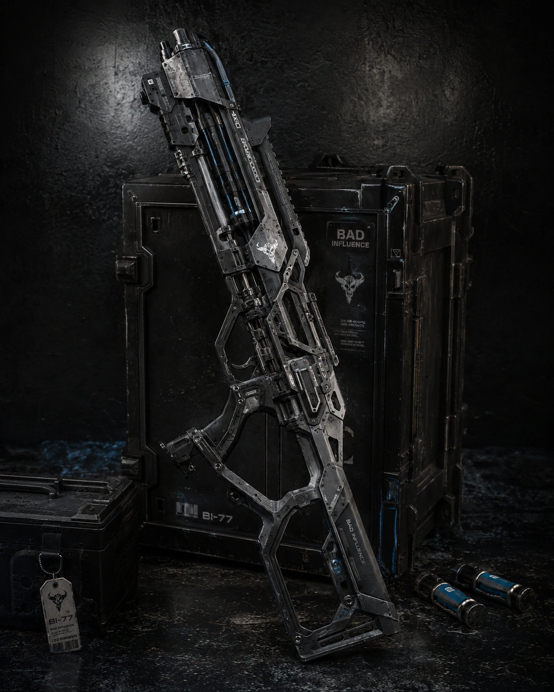 Fictional SIDE EYE INDUSTRIES concept revolver displayed against a dark studio background