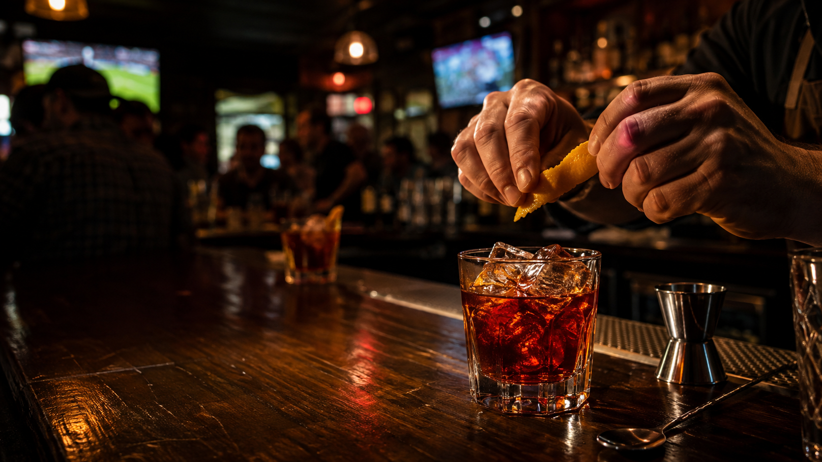 Bartender finishing an amber-red house cocktail over ice at the tavern bar