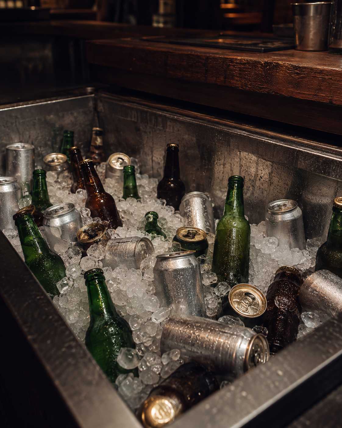 Unbranded bottled and canned drinks packed in ice inside a tavern cooler
