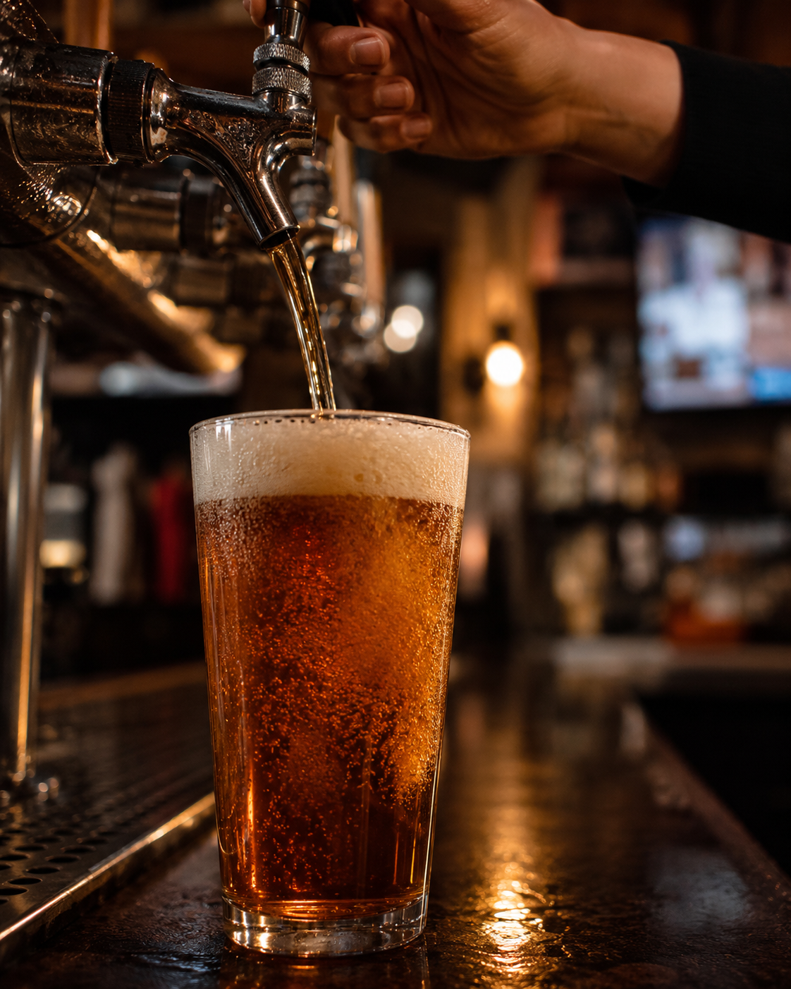 Cold amber draft beer being poured into a pint glass