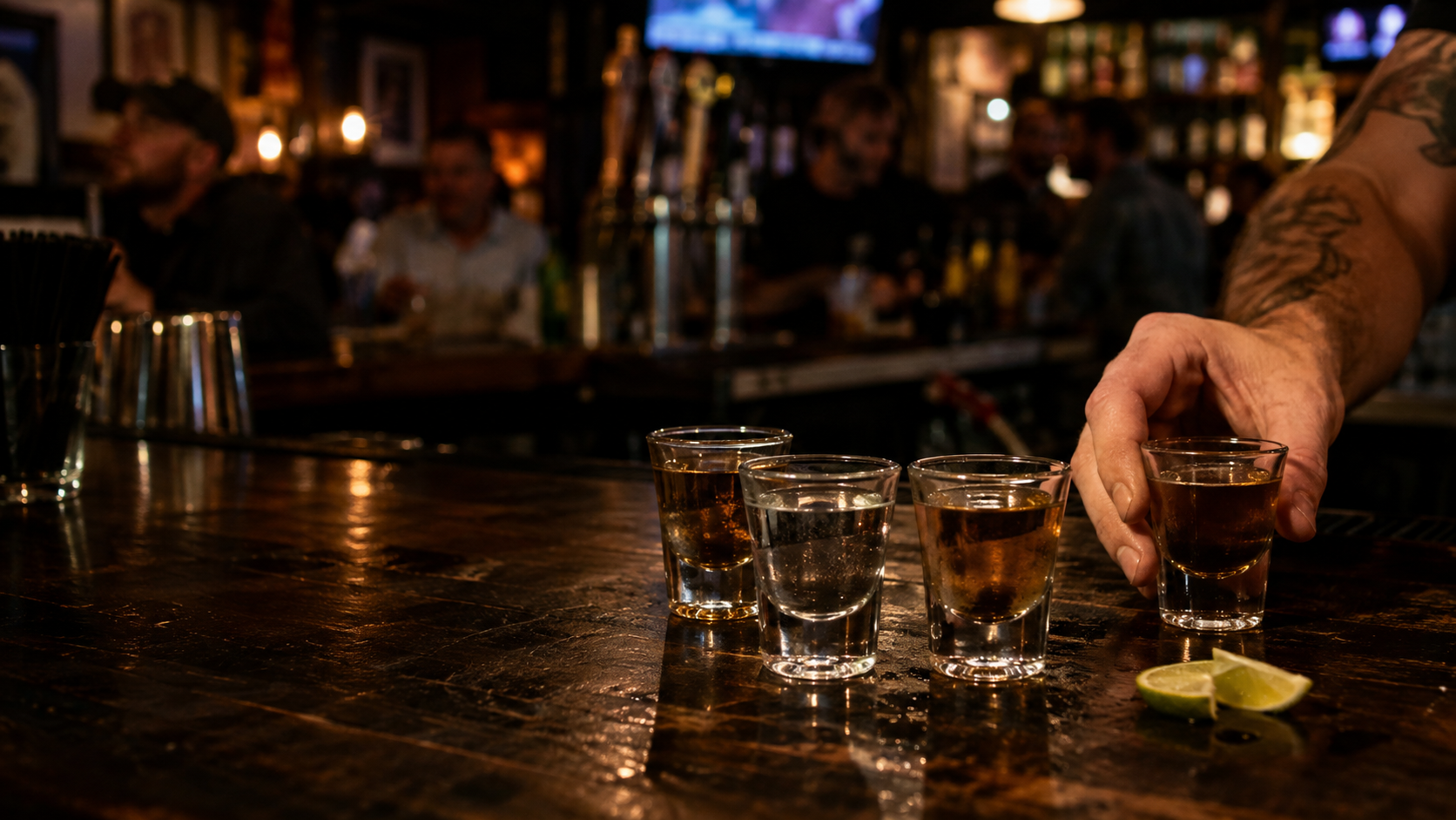Round of shot glasses being served across a neighborhood tavern bar