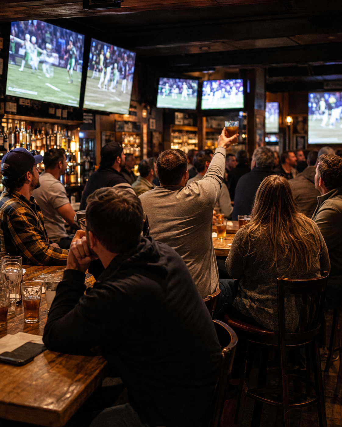 Neighborhood tavern guests watching a game on televisions