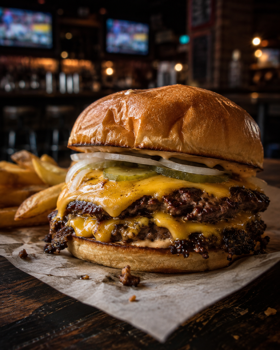 Double cheeseburger with fries on a tavern table