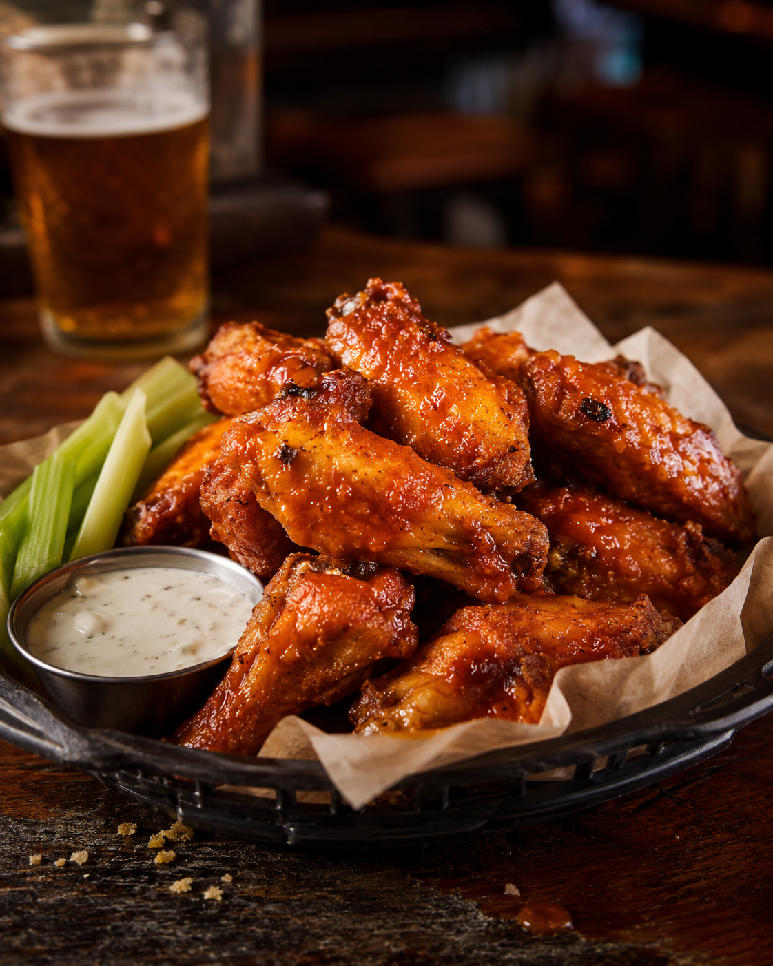 Crispy tavern wings served in a metal basket