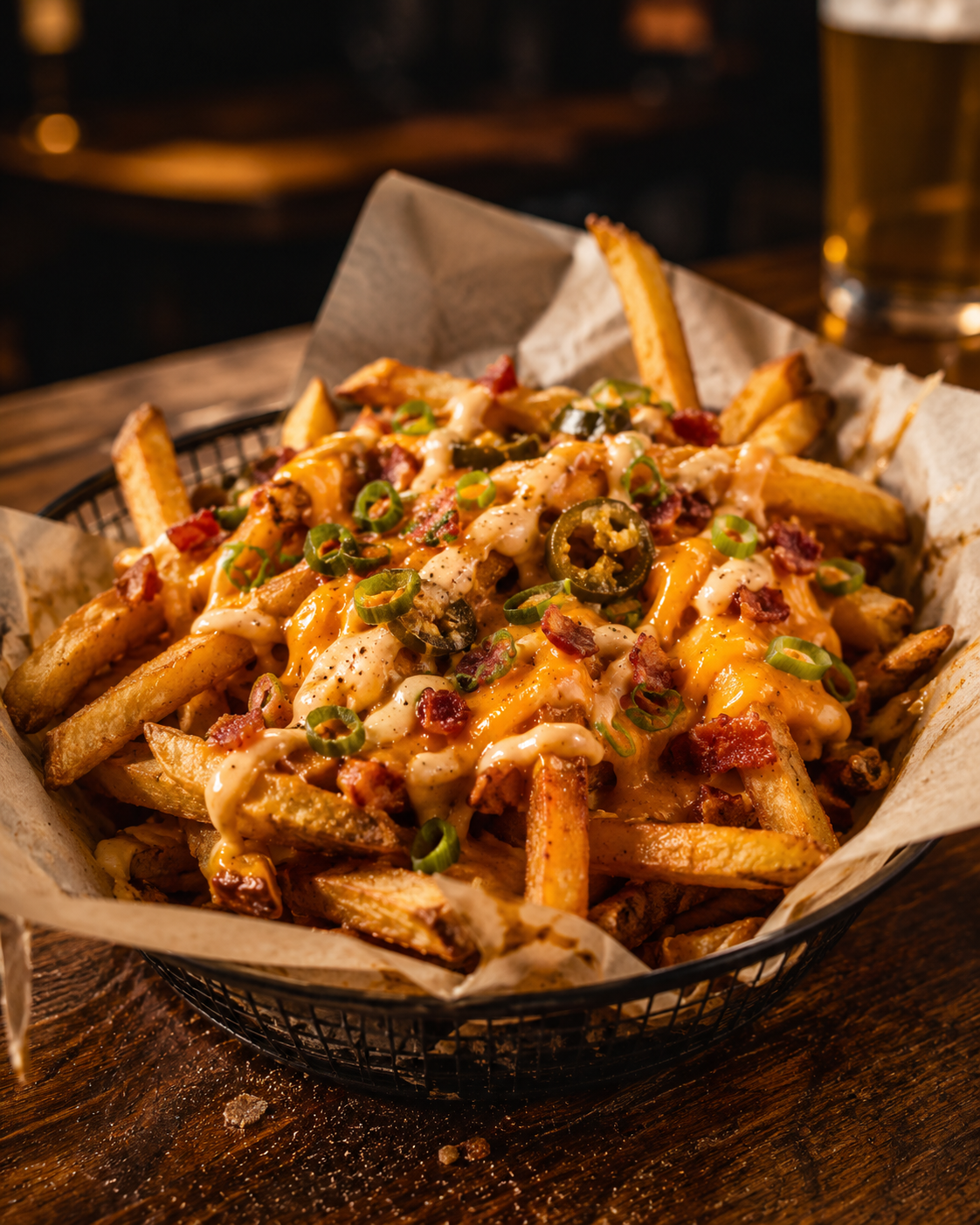 Loaded fries topped with cheese, bacon, scallions, and sauce