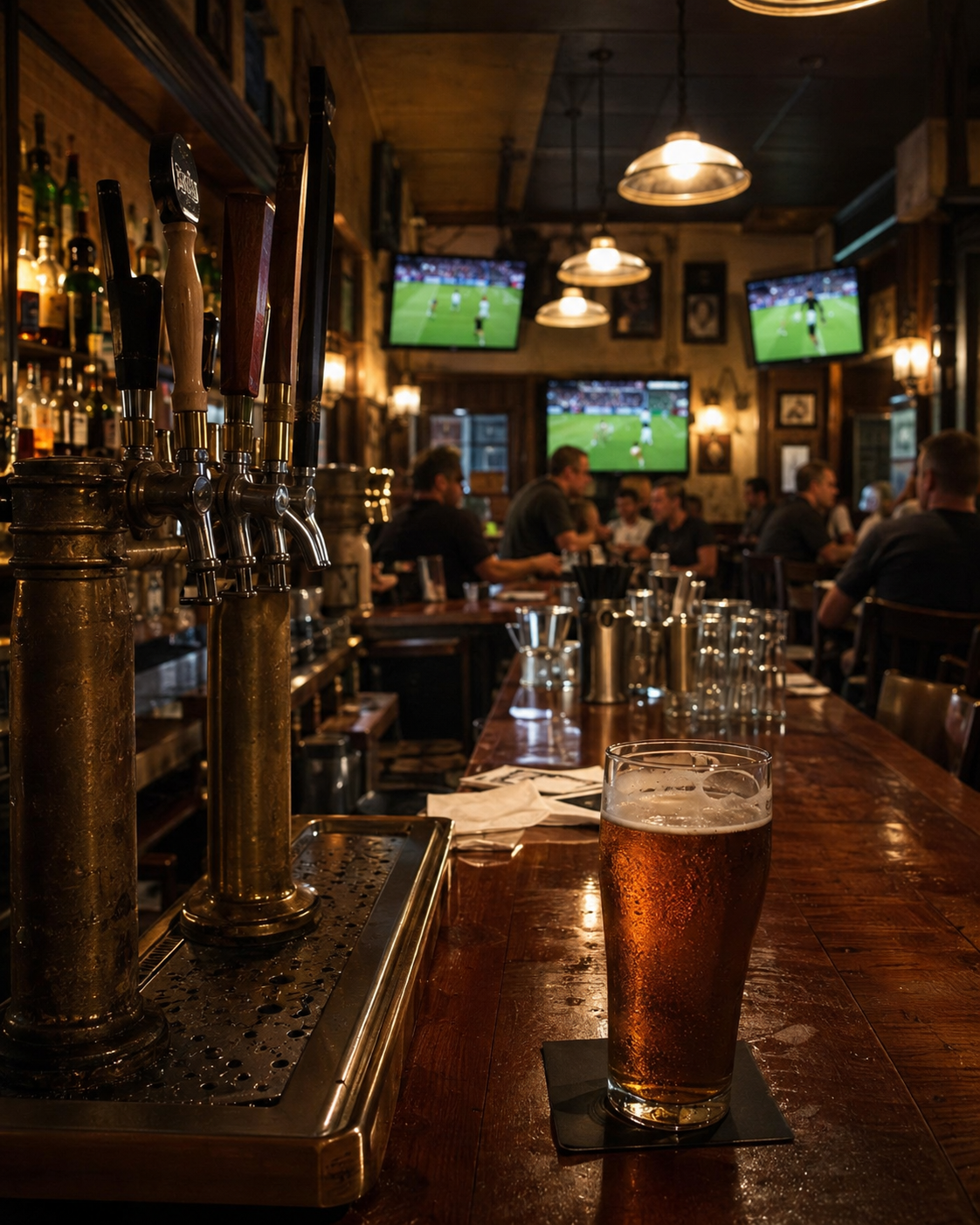 Warm neighborhood tavern interior with a wooden bar, draft beer, and televisions in the background