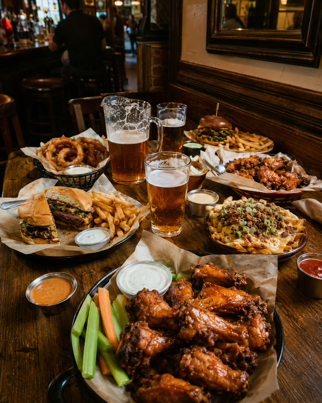 Large tavern table prepared with pitchers, wings, burgers, and shared appetizers