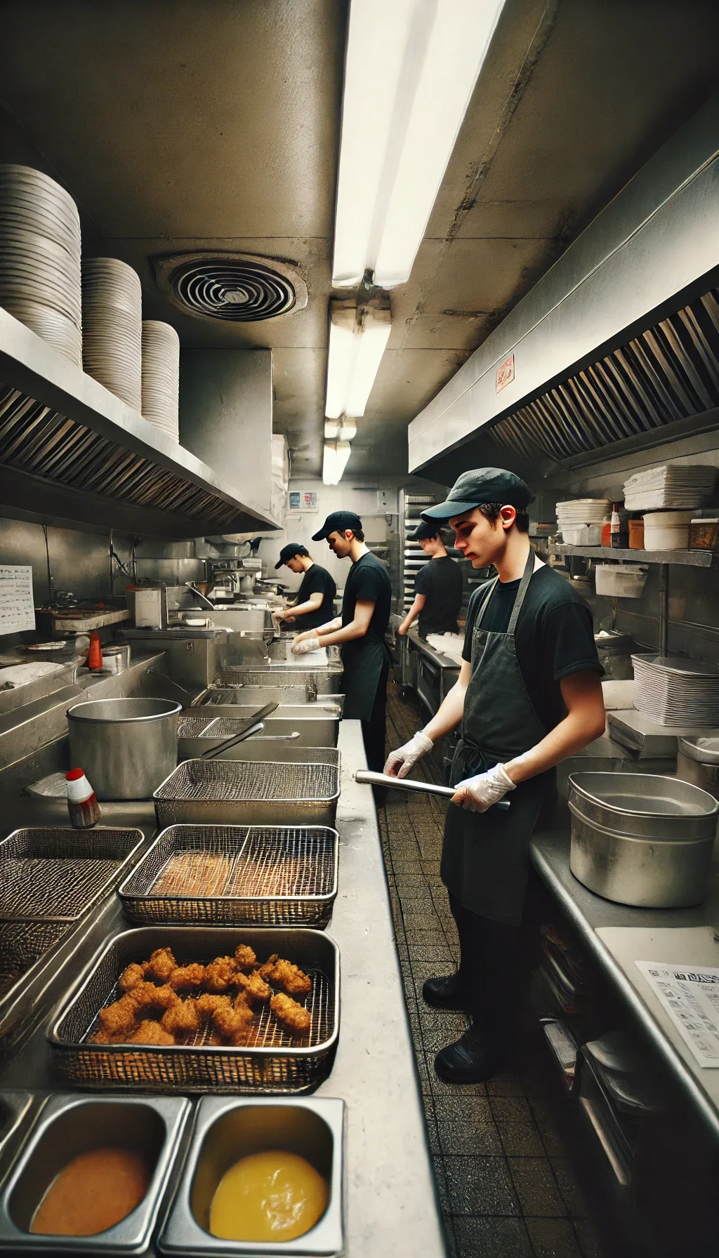 Busy restaurant kitchen preparing crispy chicken