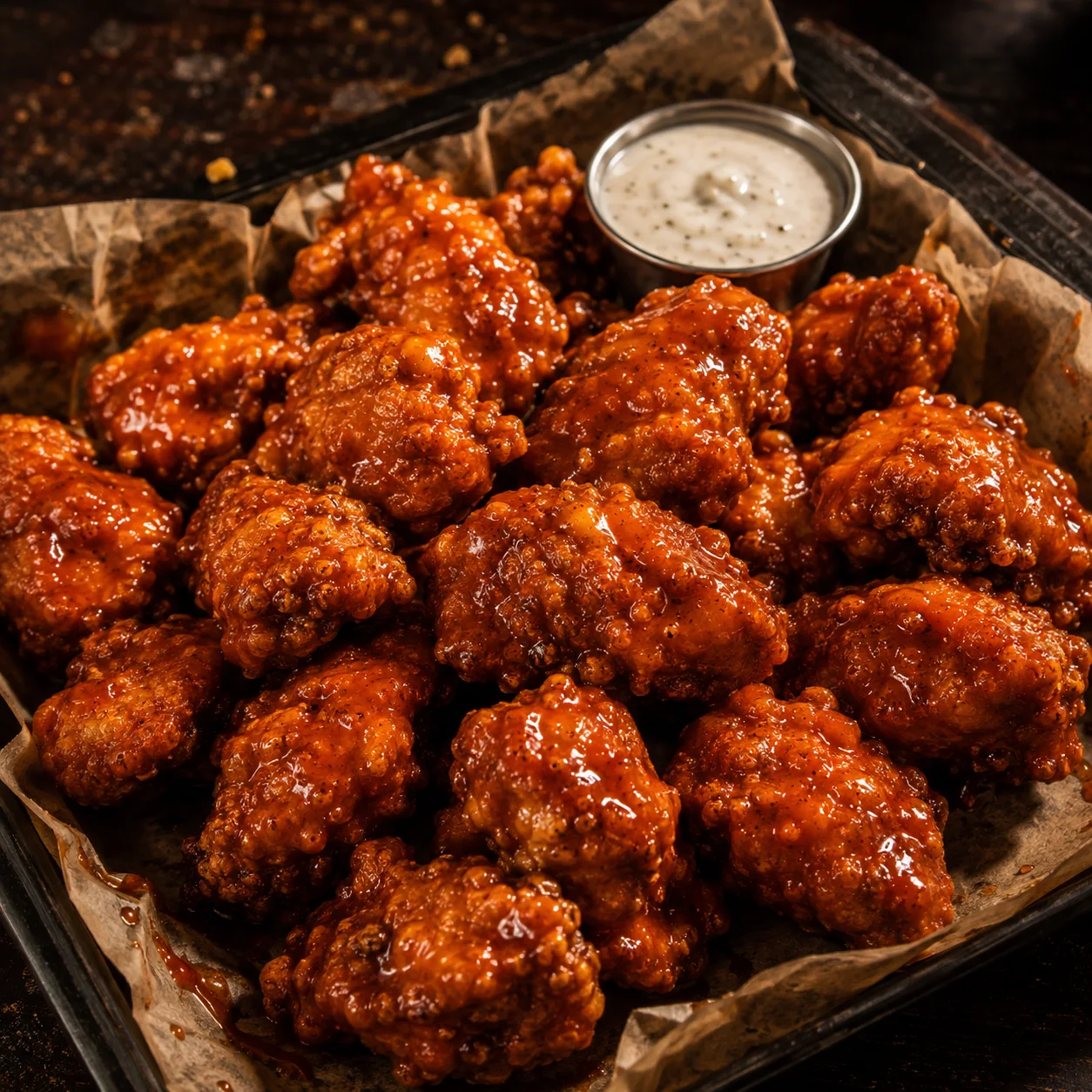 Boneless crispy chicken pieces covered in sauce