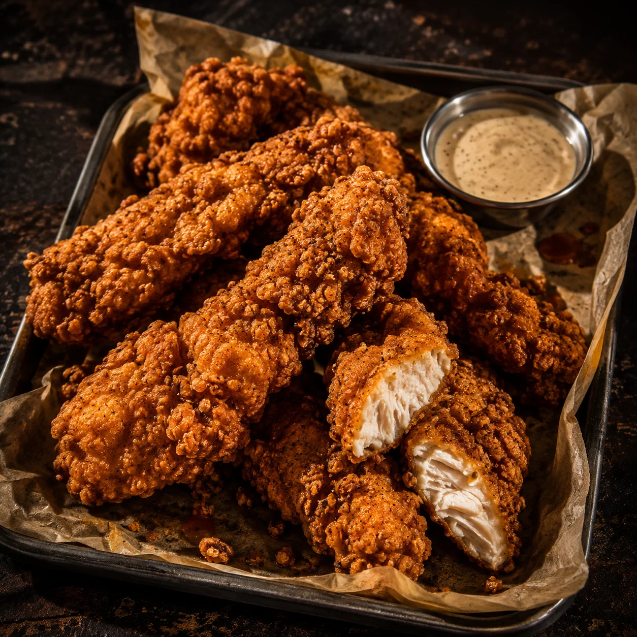 Golden crispy chicken tenders with dipping sauce