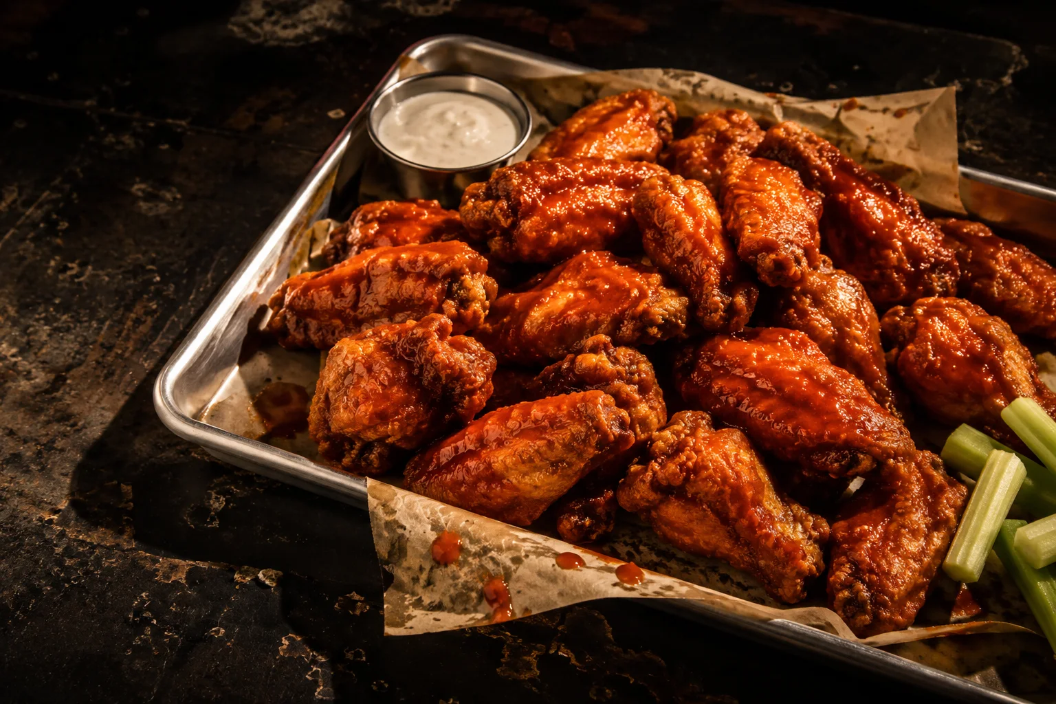 Tray of crispy sauced chicken wings presented like evidence