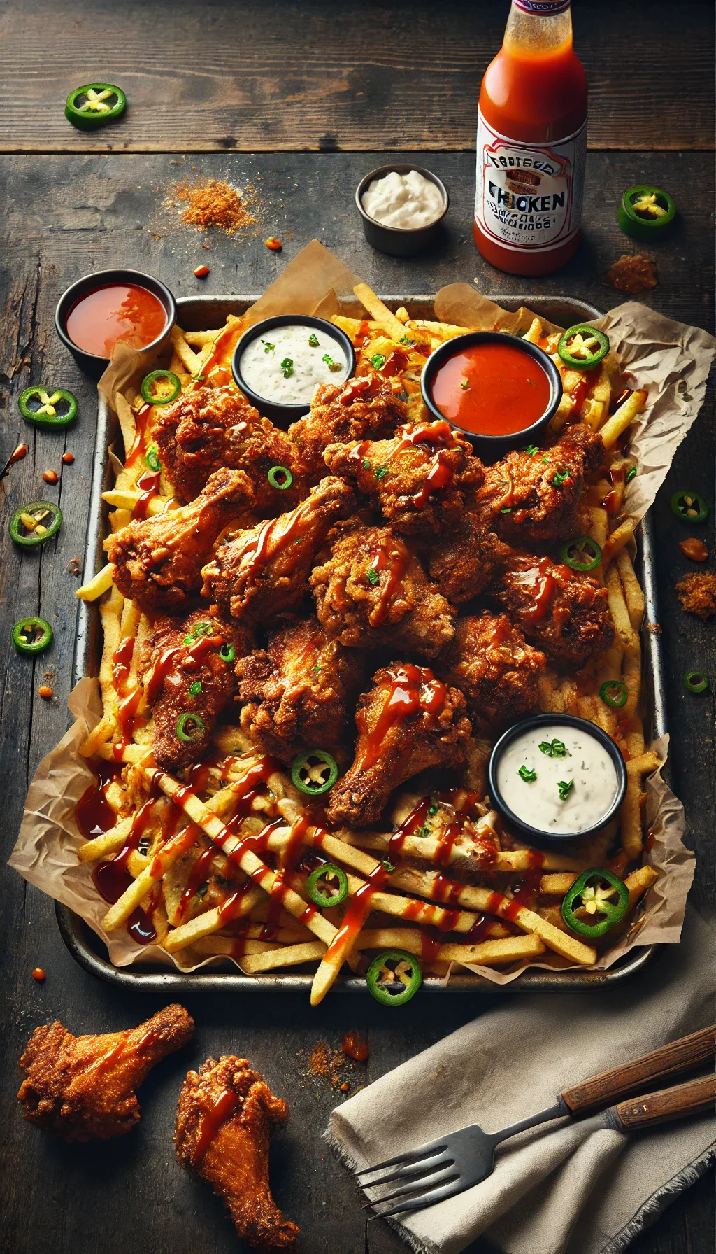 Large wing platter with loaded fries and dipping sauces