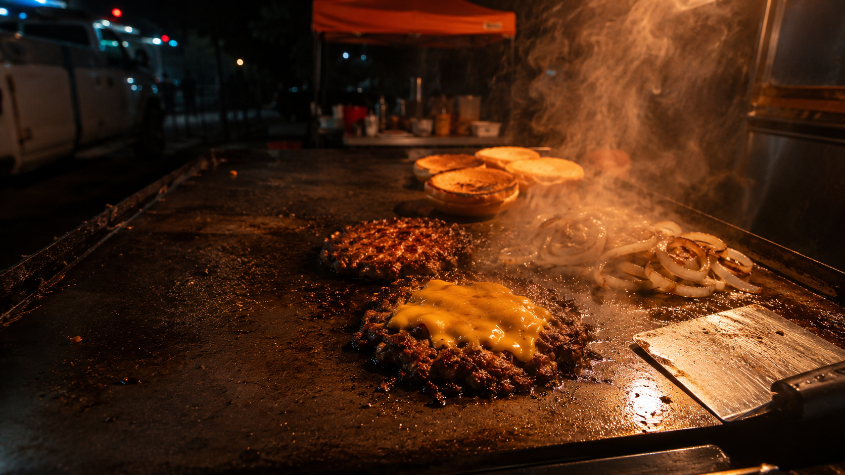 Smash burgers cooking on a hot flat-top grill