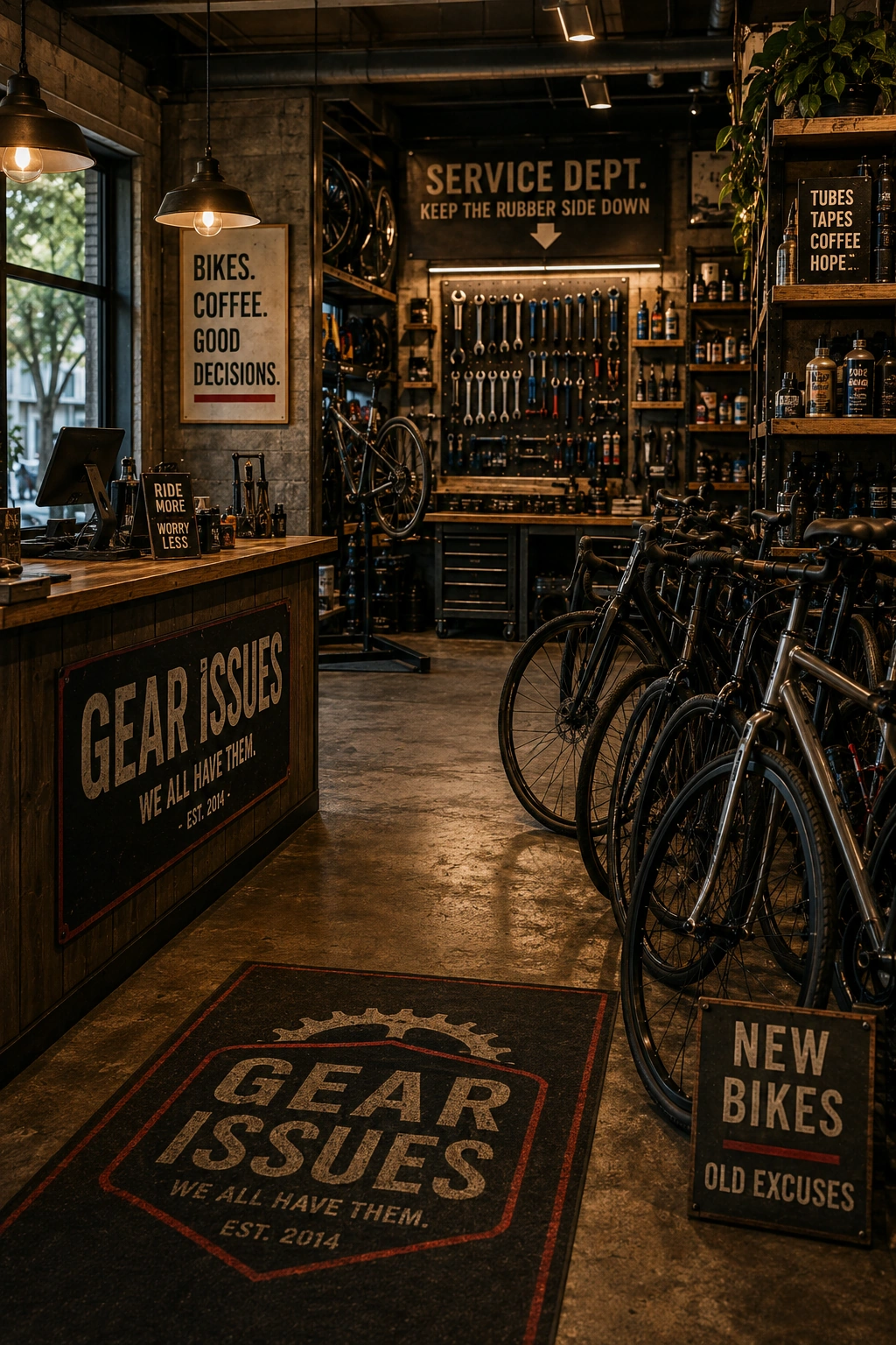 Warm independent neighborhood bicycle shop interior with bikes, service counter, tools, and workshop space