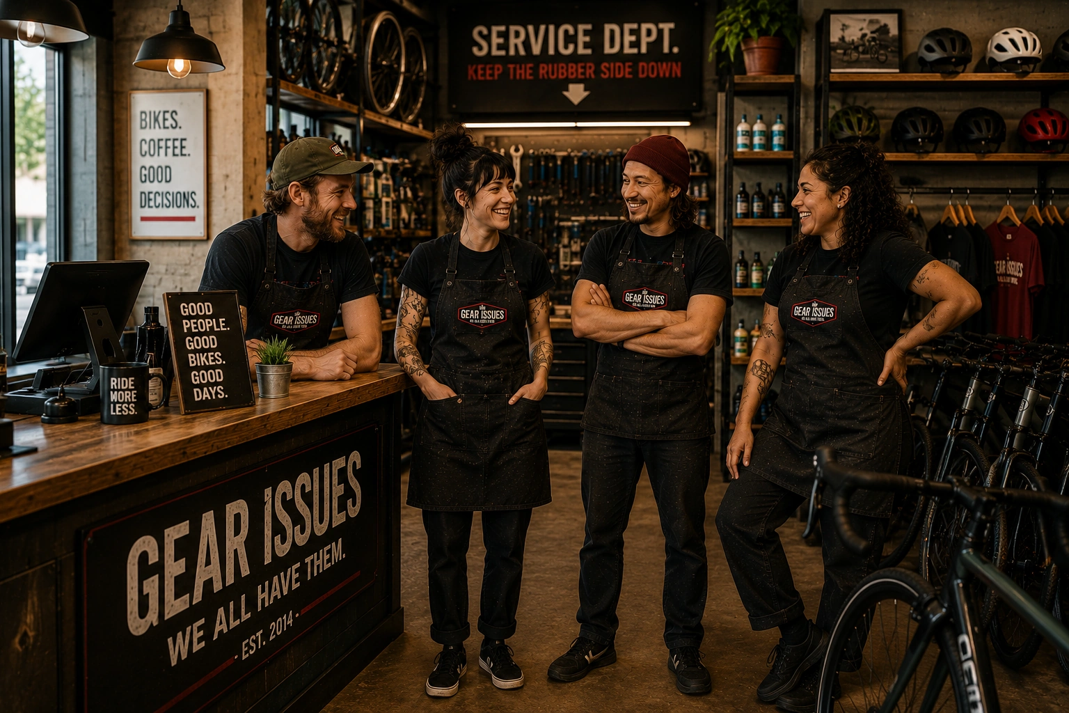 Diverse team of bicycle mechanics working together inside an independent neighborhood bike shop