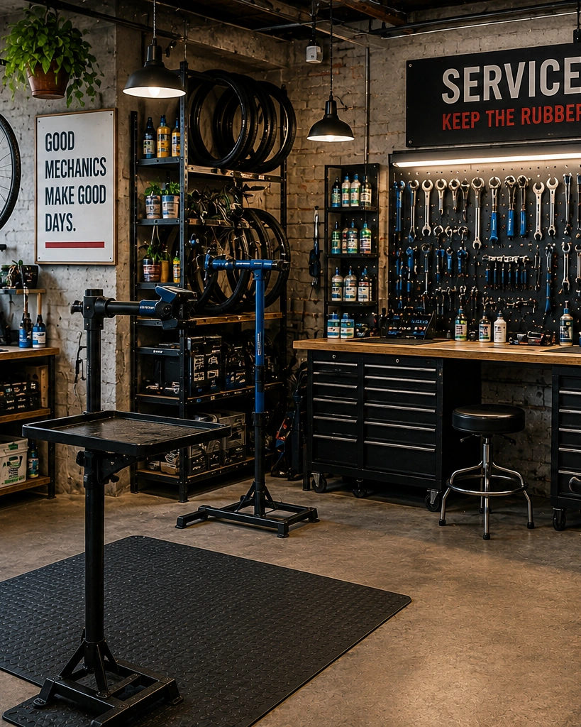 Professional bicycle workshop with repair stands, organized tools, bicycles, and mechanic workstations