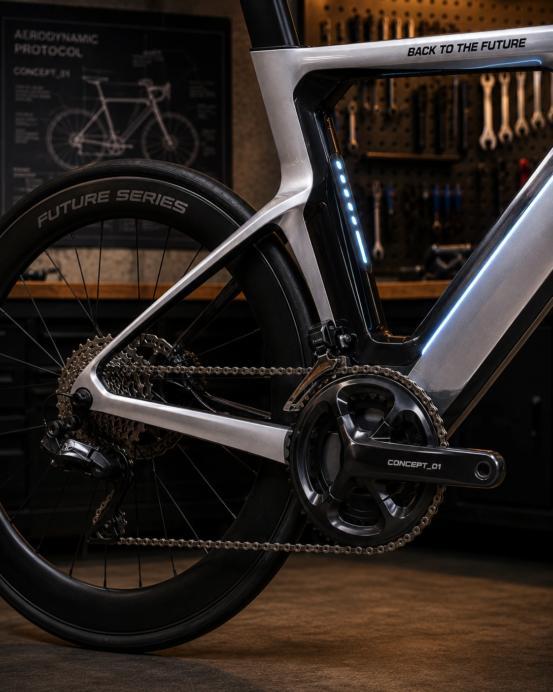 Close detail of the sculpted frame and illuminated accent on the Back to the Future concept bike