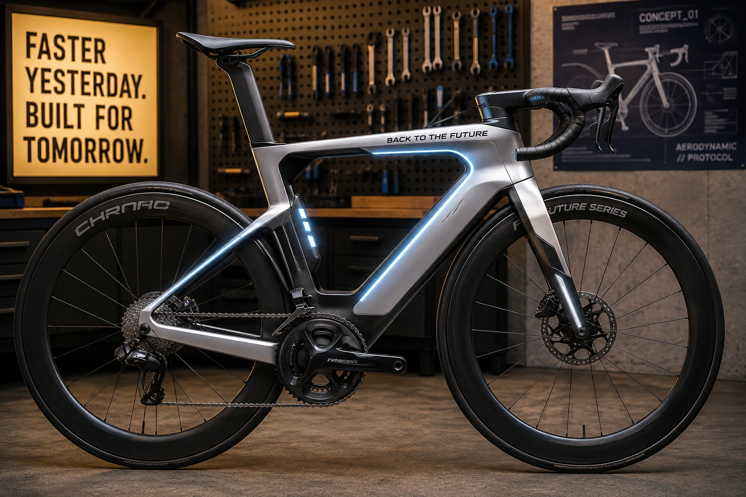 Futuristic aerodynamic concept road bike displayed in a bicycle workshop